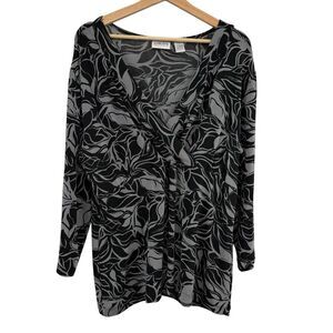 Chicos Travelers Slinky Blouse Top XL 3 Babydoll Empire Black Floral Witchy